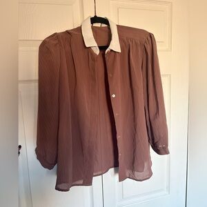 Brown Striped Blouse with White Collar
